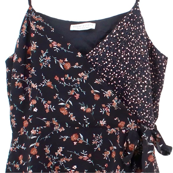 paper crane Black Multicolor Floral Double Print Surplice Wrap Peplum Tank Top - Picture 13 of 14